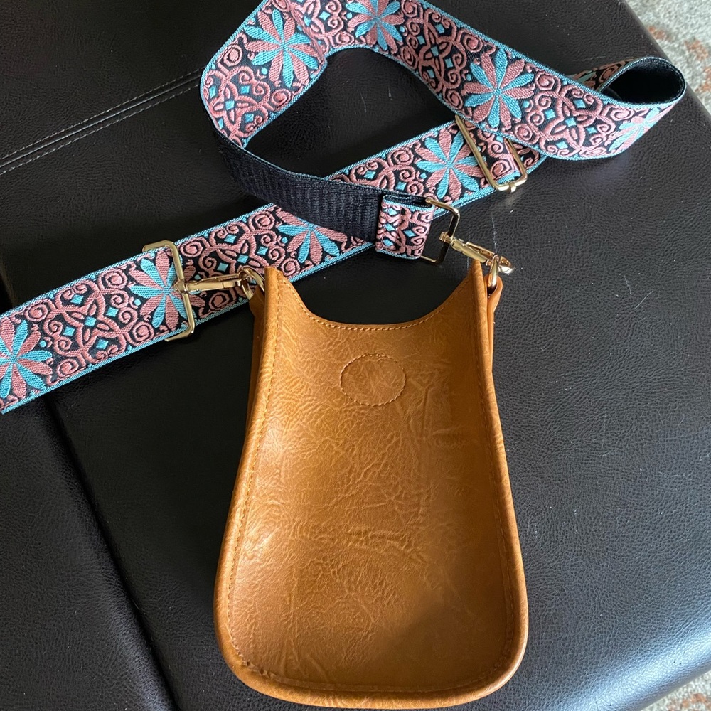 Tan Crossbody Bag with Patterned Strap